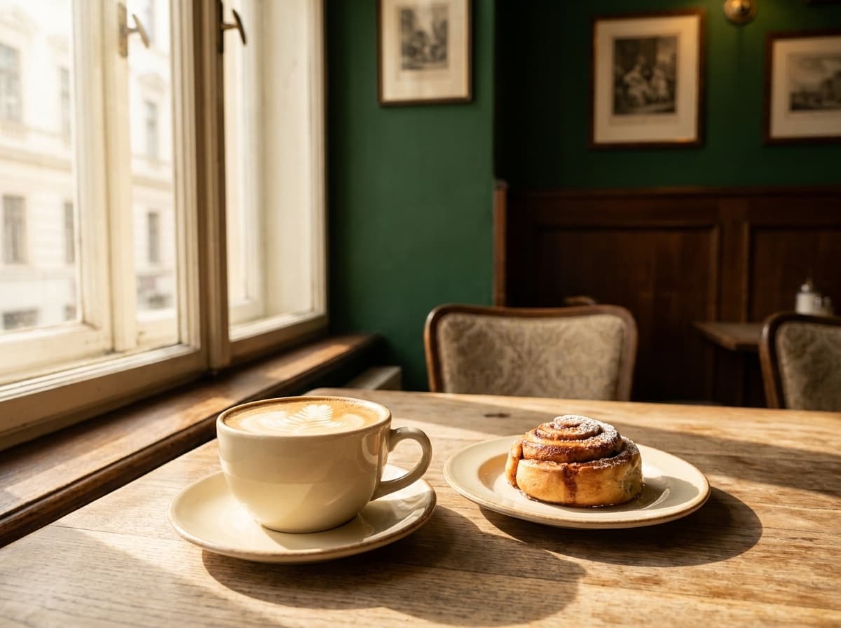 Cappuccino mit Latte Art und Zimtschnecke auf einem Holztisch im Café Goldstück