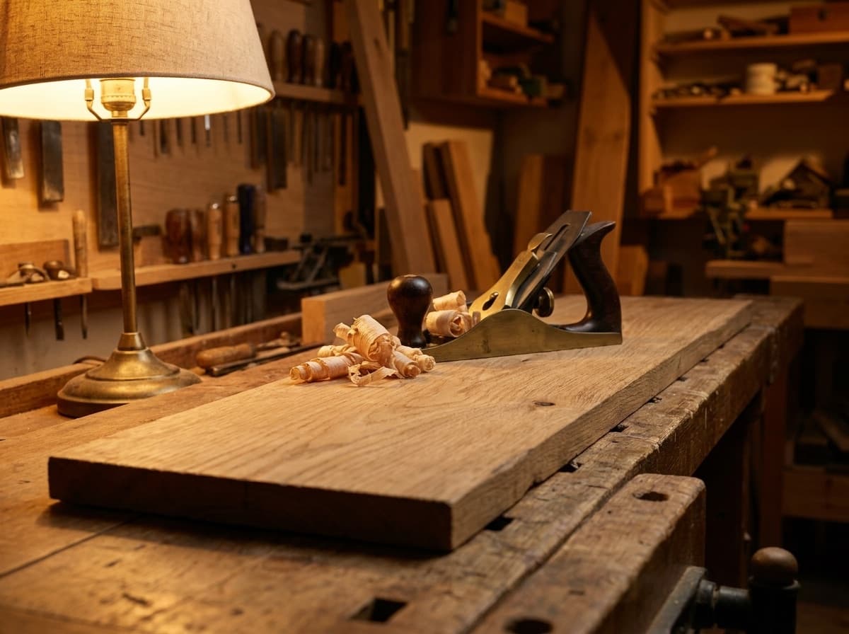 Eichenbohle mit Handhobel und Spänen auf der Werkbank von Wildholz