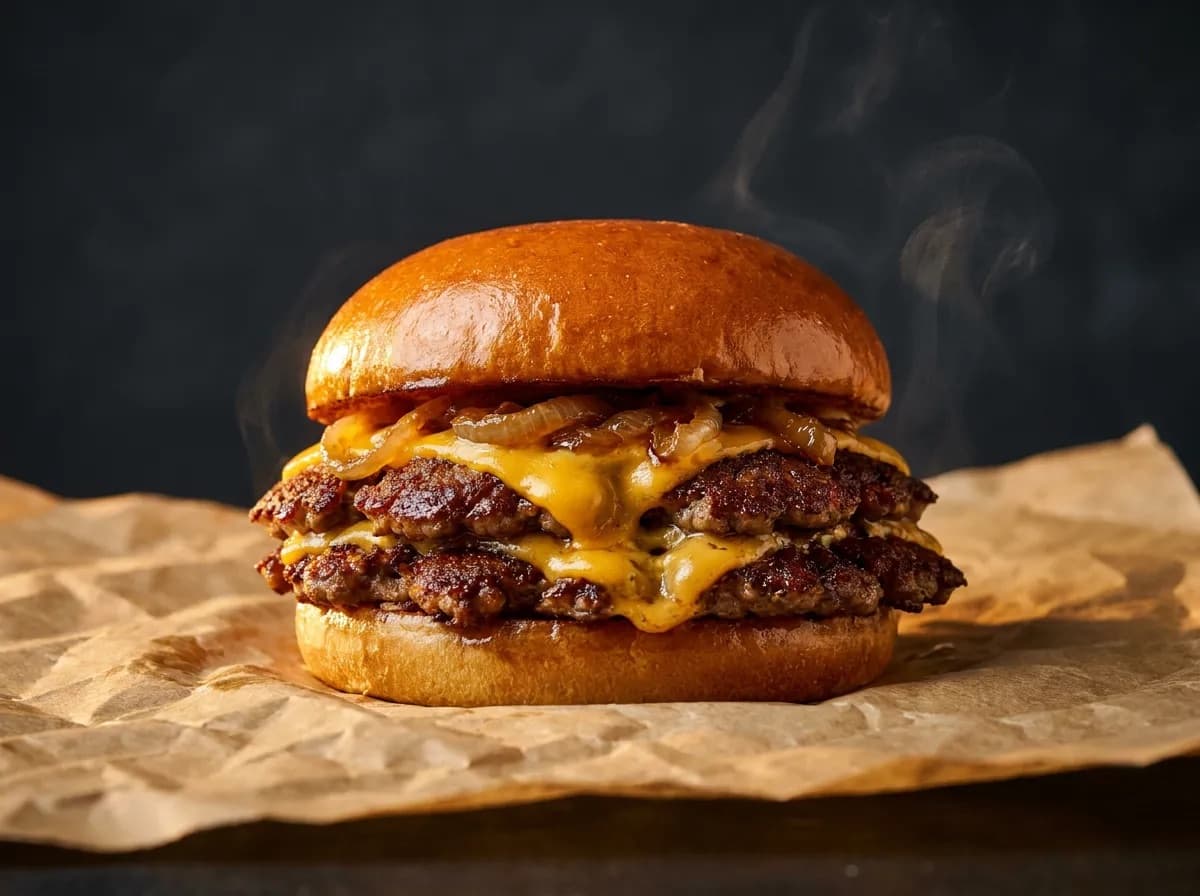 Smash Burger mit geschmolzenem Cheddar auf Kraftpapier bei GLUT
